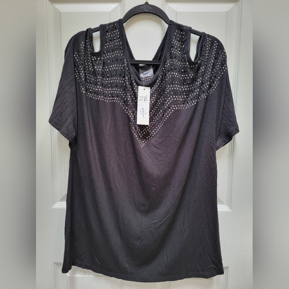 Vocal Black Studded Women's Cold Shoukder Top Plus Size 2x NWT